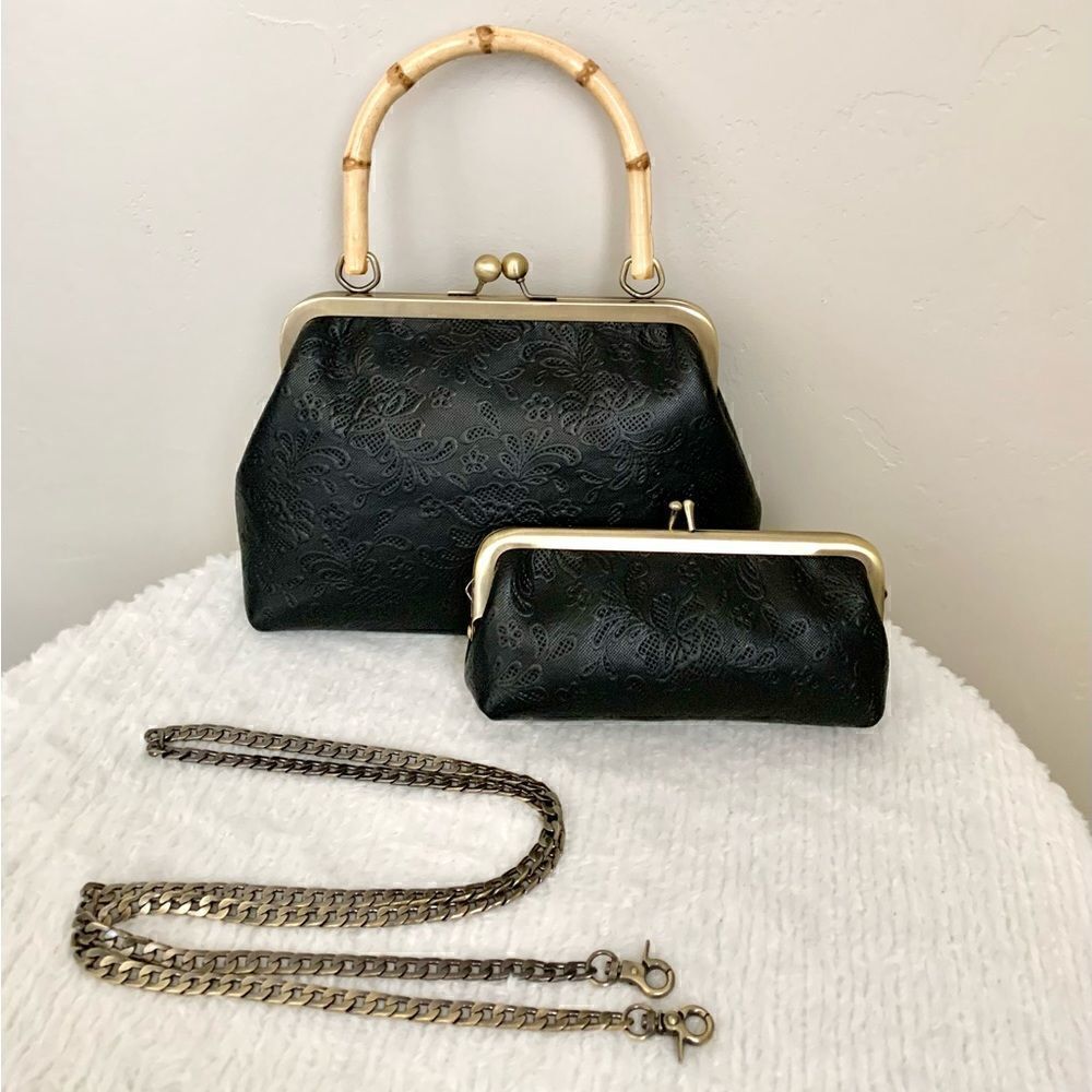 Genuine Leather Embossed Floral Lace, Real Bamboo Handle Bag & Small Clutch Set